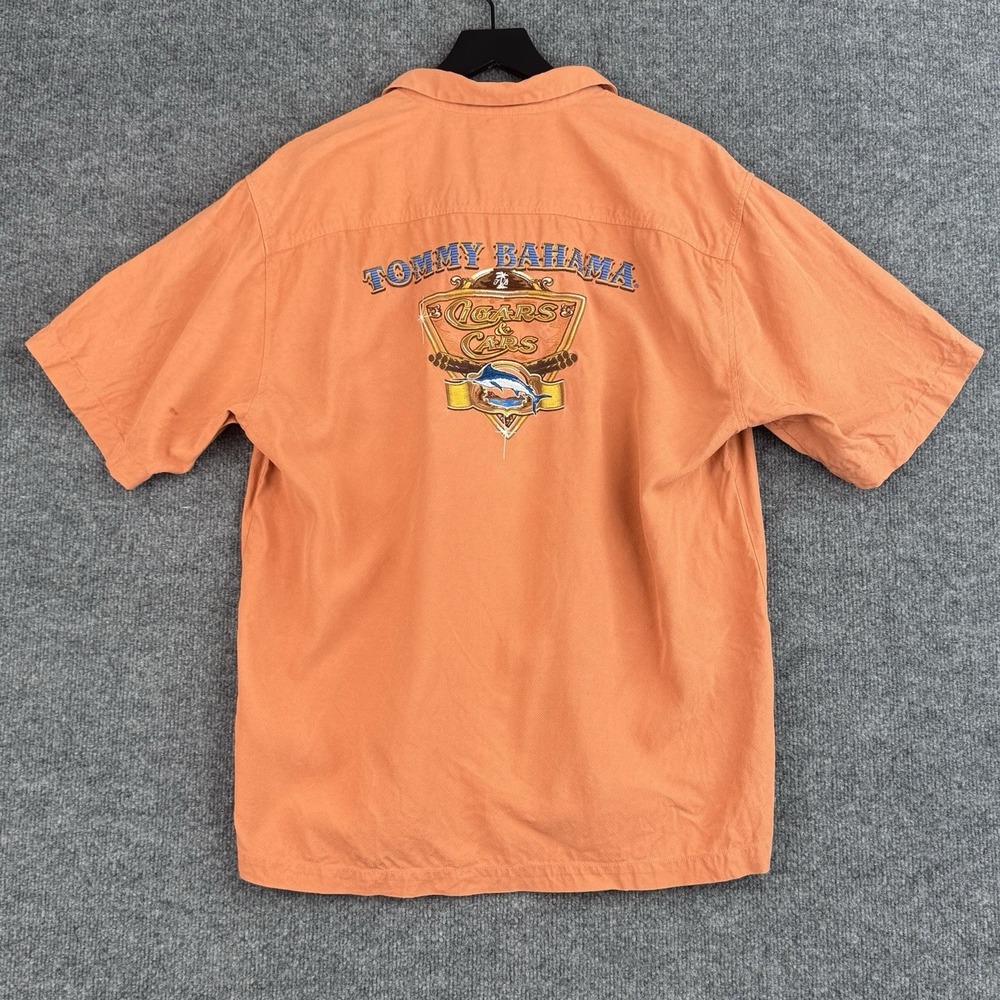 Tommy Bahama Camp Button Up Shirt Mens L Orange Silk Cigars & Cars Short Sleeve